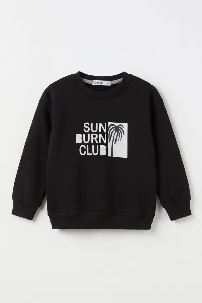 Siyah (3-12 Yaş)Palmiye Baskılı 3 İp Şardonlu Erkek Çocuk Sweatshirt 484126