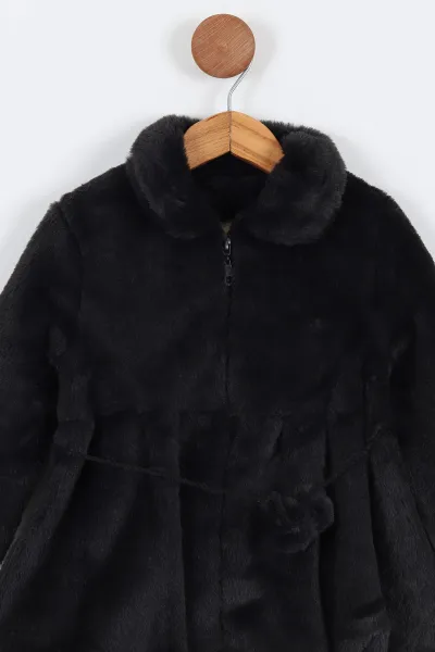 Siyah (3-6 Yaş) Kemer Ponponlu Fermuarlı Peluş Kız Çocuk Mont 308831