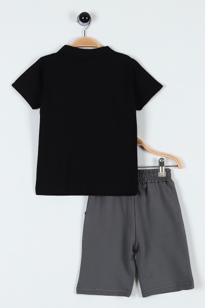 Siyah (3-6 Yaş) New Duds Nakışlı Yakalı Düğme Detaylı Erkek Bebe Takım 183588