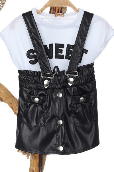Siyah (3-7 Yaş) Cep Detaylı Çıtçıtlı Sweet Deri Nakışlı Kız Çocuk Takım 168205