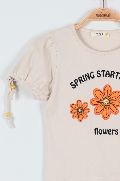 Siyah (3-7 Yaş) Çiçek Flowers Baskılı Boncuklu Şortlu Kız Çocuk Takım 186313