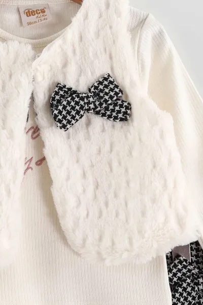Siyah (3-7 Yaş) Love Nakışlı Badili Peluş Yelekli Ekose Pileli Etekli Kız Çocuk 3'lü Takım 438906