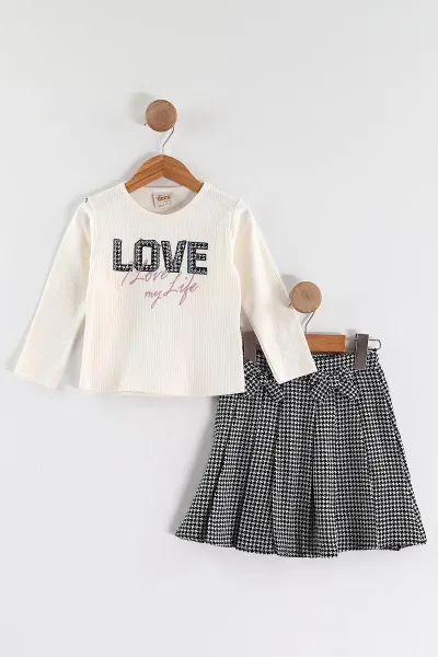 Siyah (3-7 Yaş) Love Nakışlı Badili Peluş Yelekli Ekose Pileli Etekli Kız Çocuk 3'lü Takım 438906