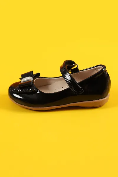 Siyah (31-35 Filet) Fiyonklu Taş Detaylı Bilek Cırtlı Kız Çocuk Babet 248890