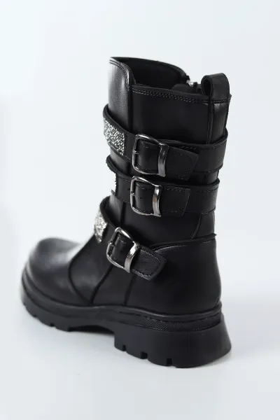 Siyah ( 31 - 36 ) Taş Tasarımlı Kız Çocuk Bot 494380