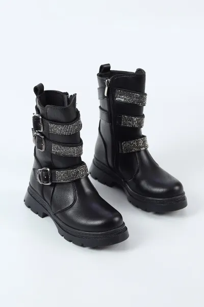 Siyah ( 31 - 36 ) Taş Tasarımlı Kız Çocuk Bot 494380