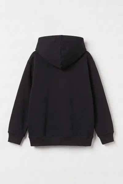 Siyah (4-12 Yaş) Baskılı Kapüşonlu ve Kanguru Cepli  3 İp Şardonlu Erkek Çocuk Sweatshirt 496861