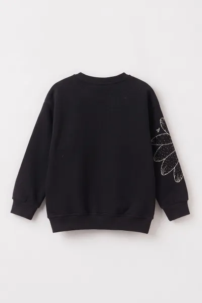 Siyah (4-12 Yaş) Çiçek Baskılı İçi Şardonlu Kız Çocuk Sweatshirt 495883