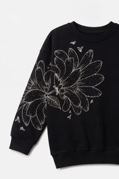 Siyah (4-12 Yaş) Çiçek Baskılı İçi Şardonlu Kız Çocuk Sweatshirt 495883