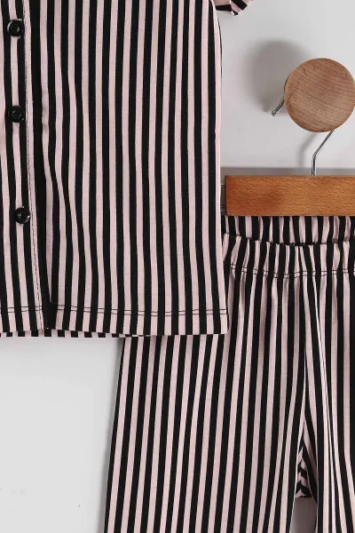 Siyah (4-12 Yaş) Çizgili  Kısa Kol Ön Düğmeli Göz Bandı Detaylı Kız Çocuk Pijama Takım 453257