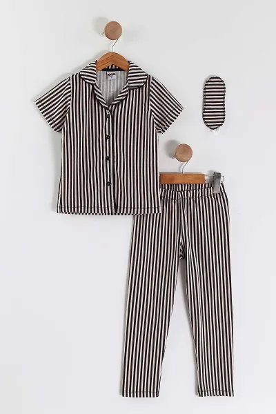 Siyah (4-12 Yaş) Çizgili  Kısa Kol Ön Düğmeli Göz Bandı Detaylı Kız Çocuk Pijama Takım 453257