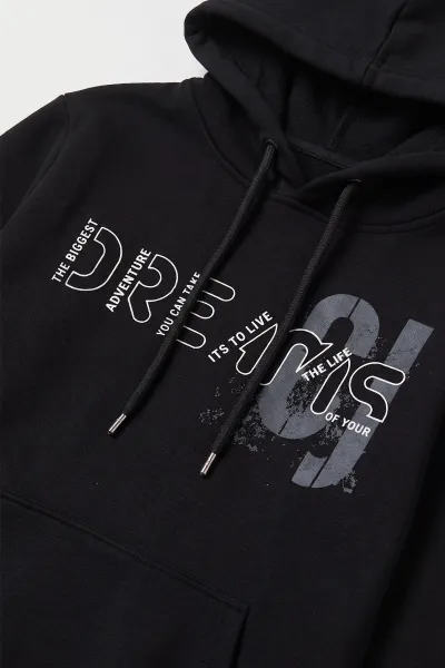 Siyah (4-12 Yaş) Dreams Baskılı Kapüşonlu ve Kanguru Cepli  3 İp Şardonlu Erkek Çocuk Sweatshirt 496866