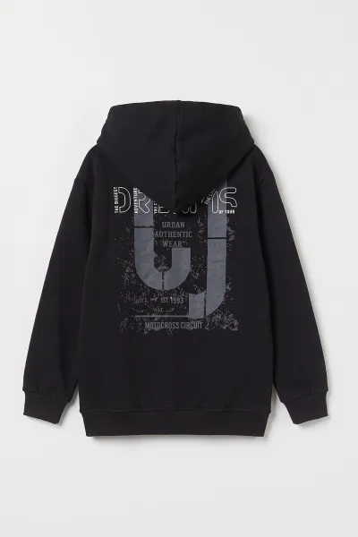 Siyah (4-12 Yaş) Dreams Baskılı Kapüşonlu ve Kanguru Cepli  3 İp Şardonlu Erkek Çocuk Sweatshirt 496866