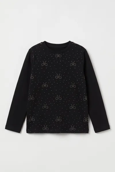Siyah (4-12 Yaş) Fiyonk Taş Baskılı İçi Şardonlu Kız Çocuk Sweatshirt 498565