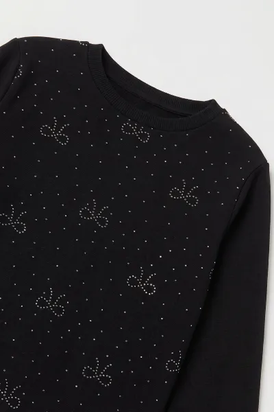 Siyah (4-12 Yaş) Fiyonk Taş Baskılı İçi Şardonlu Kız Çocuk Sweatshirt 498565