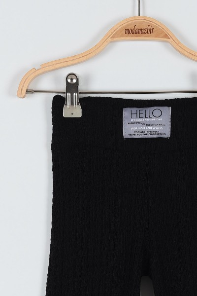 Siyah (4-12 Yaş) Hello Detaylı Dalgalı Kumaş Modelli Kız Çocuk Pantolon 177366