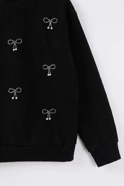 Siyah (4-12 Yaş) İncili Fiyonk Nakışlı   Kız Çocuk Sweat 485495