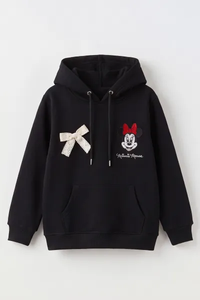 Siyah (4-12 Yaş) Karakter Nakışlı Kapüşonlu 3 İp Şardonlu Kız Çocuk Sweatshirt 495035