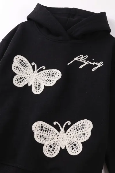 Siyah (4-12 Yaş) Kelebek Süzene Nakışlı İçi Şardonlu Kız Çocuk Sweatshirt 495873