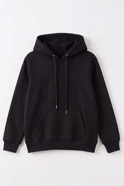 Siyah (4-12 Yaş) Love Nakışlı Kapüşonlu 3 İp Şardonlu Kız Çocuk Sweatshirt 495030