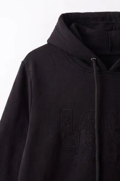 Siyah (4-12 Yaş) Love Nakışlı Kapüşonlu 3 İp Şardonlu Kız Çocuk Sweatshirt 495030