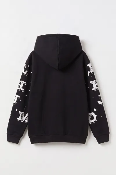 Siyah (4-12 Yaş) Nakışlı Kapüşonlu ve Kanguru Cepli  3 İp Şardonlu Erkek Çocuk Sweatshirt 496872