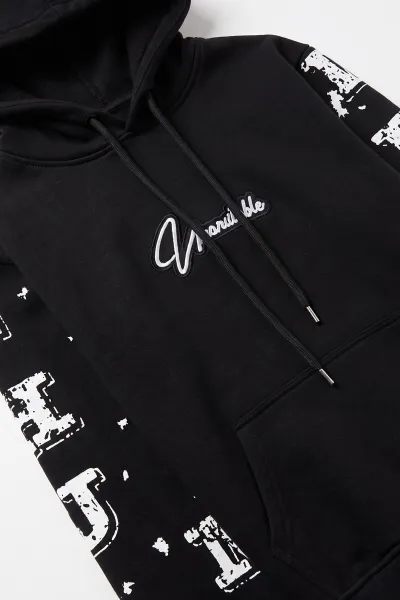 Siyah (4-12 Yaş) Nakışlı Kapüşonlu ve Kanguru Cepli  3 İp Şardonlu Erkek Çocuk Sweatshirt 496872