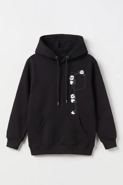Siyah (4-12 Yaş) Panda Baskılı Kapüşonlu ve Kanguru Cepli 3 İp Şardonlu  Kız Çocuk Sweatshirt 497534