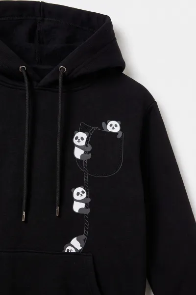 Siyah (4-12 Yaş) Panda Baskılı Kapüşonlu ve Kanguru Cepli 3 İp Şardonlu  Kız Çocuk Sweatshirt 497534