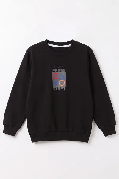 Siyah (4-12 Yaş) Press Start Baskılı 2 İp Erkek Çocuk Sweatshirt 493691