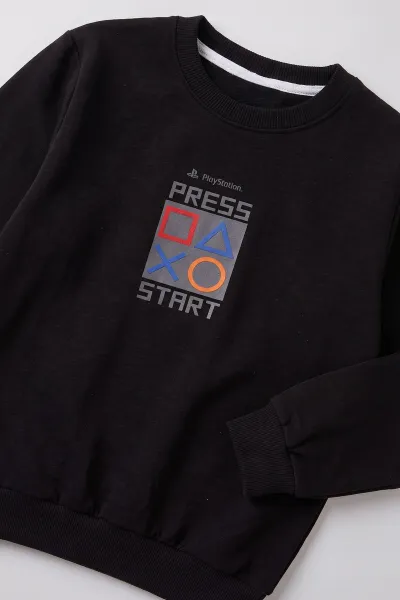 Siyah (4-12 Yaş) Press Start Baskılı 2 İp Erkek Çocuk Sweatshirt 493691