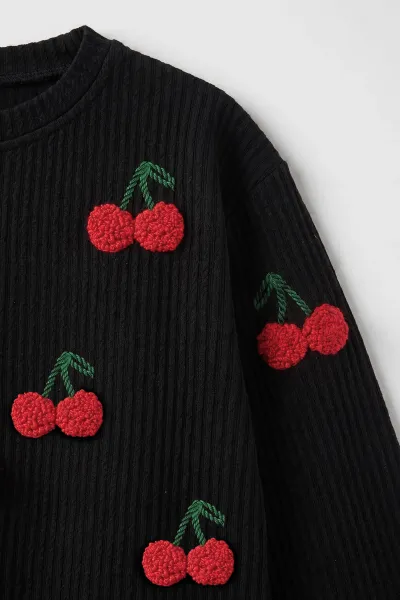 Siyah (4-12 Yaş) Süzene Kiraz Nakışlı Kız Çocuk Sweat 485483