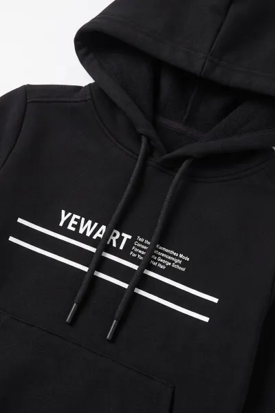 Siyah (4-12 Yaş) Yewart Kabartma Baskılı Kapüşonlu ve Kanguru Cepli 3 İp Şardonlu Erkek Çocuk Kışlık Takım 499105