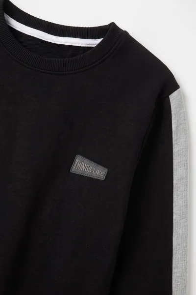 Siyah (4-12 Yaş)Kol Parçalı  2 İp Erkek Çocuk Sweatshirt 493695