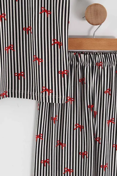 Siyah (4-16 Yaş) Fiyonk Desenli Kız Çocuk Pijama Takım 466328