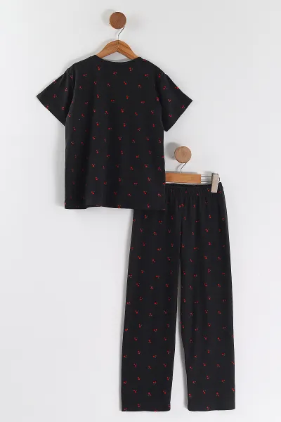 Siyah (4-16 Yaş)Kiraz Desenli Kız Çocuk Pijama Takım 466321