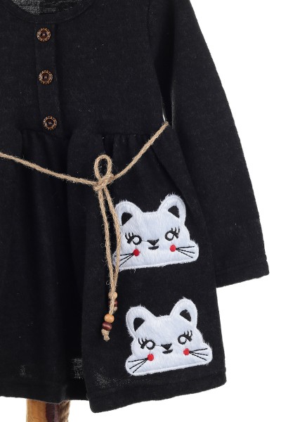 Siyah (4-8 Yaş) Kedi Nakışlı Kız Çocuk Elbise 139923