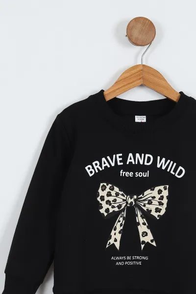 Siyah (4-8 Yaş) Leopar Pantolonlu Fiyonk Baskılı  Kız Çocuk Takım 341735