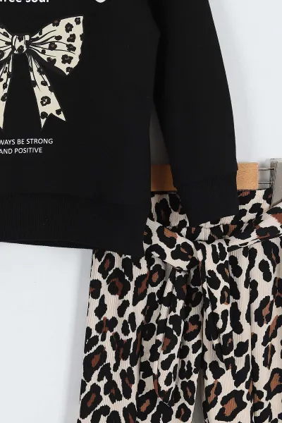 Siyah (4-8 Yaş) Leopar Pantolonlu Fiyonk Baskılı  Kız Çocuk Takım 341735