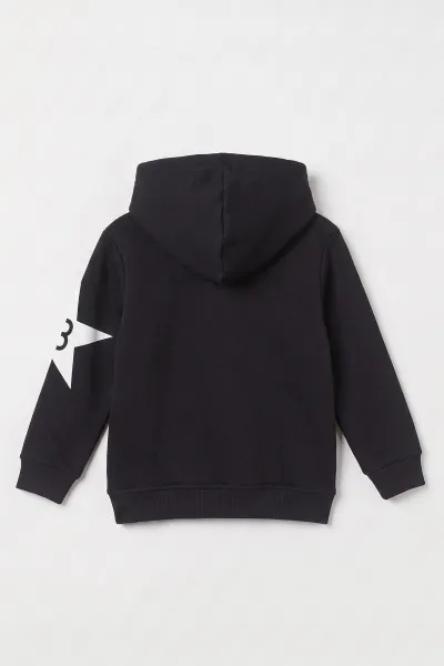 Siyah (4-12 Yaş) Yazı Baskılı Kanguru Cepli ve Kapüşonlu 3 İp Şardonlu Erkek Çocuk Sweatshirt 497558