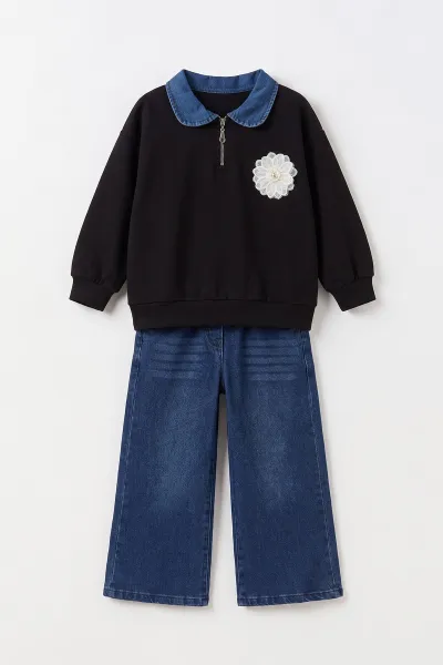 Siyah (5-10 Yaş) Çiçek Aksesuarlı Bebe Yaka Kot Pantolonlu Kız Çocuk 2'li Takım 497610