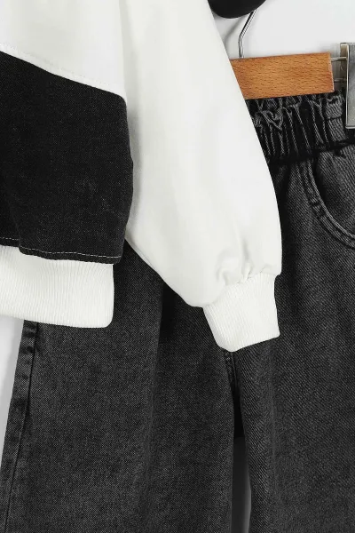 Siyah (5-10 Yaş) Çiçek Aksesuarlı Kot Pantolonlu Kız Çocuk Takım 422199