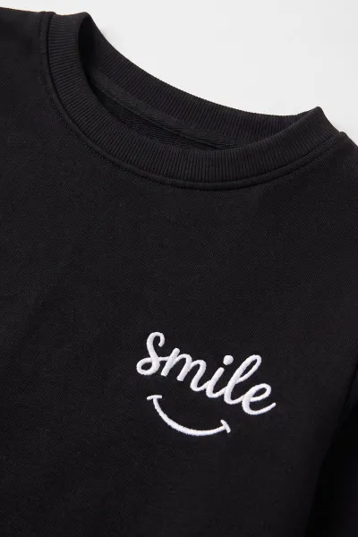Siyah (5-10 Yaş) Smile Nakışlı Stoperli Oysho Kız Çocuk Takım 482256