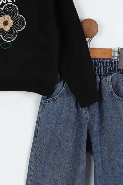 Siyah (5-10 Yaş)Çiçek  Nakışlı Sweatli Bol Paça Kot Pantolonlu Kız Çocuk 2'li Takım 417809
