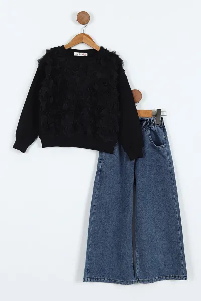 Siyah (5-10 Yaş)Gül Aksesuar   Sweatli Bol Paça Kot Pantolonlu Kız Çocuk 2'li Takım 416410
