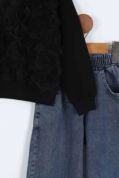 Siyah (5-10 Yaş)Gül Aksesuar   Sweatli Bol Paça Kot Pantolonlu Kız Çocuk 2'li Takım 416410