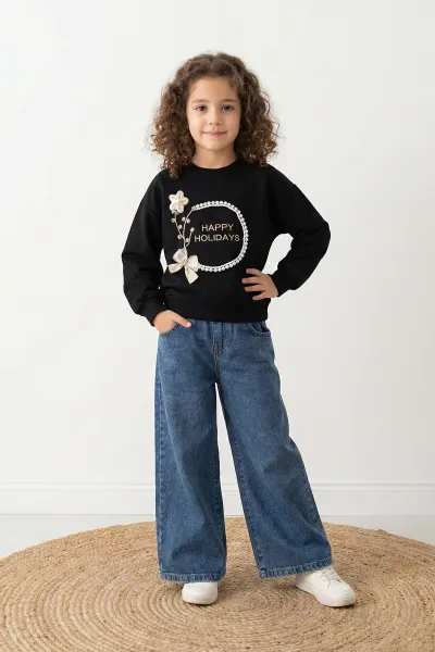 Siyah (5-10 Yaş)Happy Holidays  Nakışlı Sweatli Bol Paça Kot Pantolonlu Kız Çocuk 2'li Takım 416187