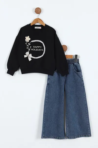 Siyah (5-10 Yaş)Happy Holidays  Nakışlı Sweatli Bol Paça Kot Pantolonlu Kız Çocuk 2'li Takım 416187