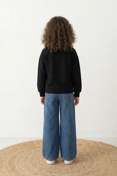 Siyah (5-10 Yaş)Happy Holidays  Nakışlı Sweatli Bol Paça Kot Pantolonlu Kız Çocuk 2'li Takım 416187