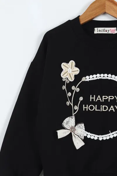 Siyah (5-10 Yaş)Happy Holidays  Nakışlı Sweatli Bol Paça Kot Pantolonlu Kız Çocuk 2'li Takım 416187